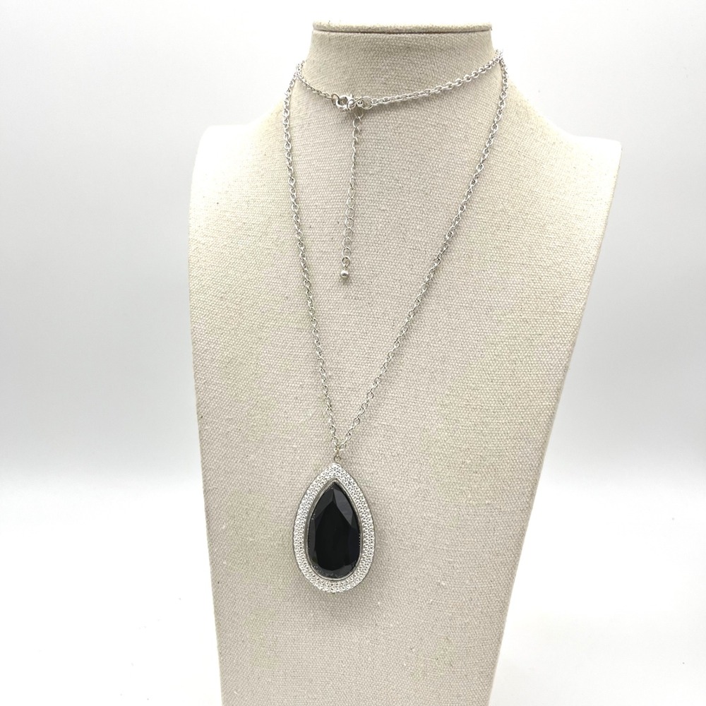 Silver Tone Black Teardrop Pendant Necklace Faceted Stone Statement Jewelry